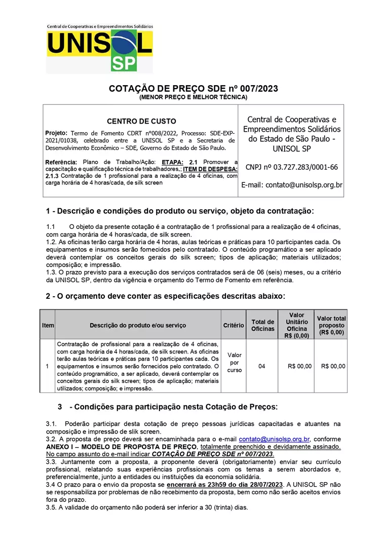 COTAÇÃO DE PREÇO SDE nº007/23